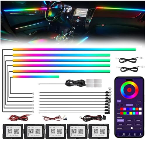 Acrylic Interior Car LED Strip Light with Wireless APP RGB 18 in 1 with 175 inches 593 LEDs Fiber Optic Ambient Lighting Kits 16 Million Colors Sound Active Function Car Neon Lights