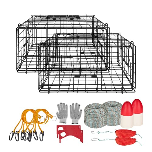 VEVOR Crab Trap 2 Packs 24.4x24.4x11.8 inch Heavy Duty Large Crab Pot Trap for Dungeness Black PVC Coated Wire Mesh for Stealth with Gauge Red/White Float 100ft Leaded Core Rope and Gloves