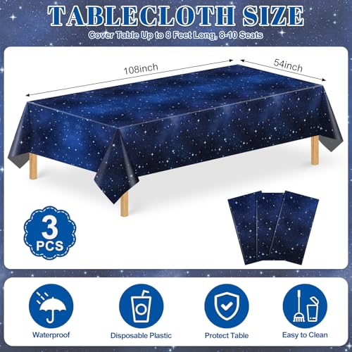 Image of NatNarr 3 Pack Plastic Space Tablecloth, 54 x 108 Inch Disposable Galaxy Themed Tablecloth Waterproof Rectangle Star Party Table Cover for Home Party Decorations
