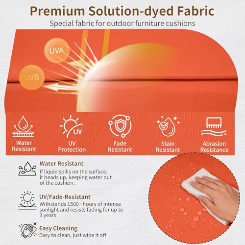 24x24 Outdoor Chair Cushions Set of 2, Waterproof Deep Seat Cushions for Patio Furniture with Removable Cover, Fade Resistant 4'' Outdoor Seat Cushion with Ties Handle for Wicker Sofa Couch, Orange by Vulacko - Used condition - Image 4