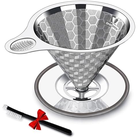 Dailybrew Triple Layer Pour Over Coffee Filter Durable Pour Over Coffee Dripper Easy Clean Metal Cone Filter Paperless Stainless Steel Pour Over Coffee Maker With Holder 2 Cup (BASE) Cover