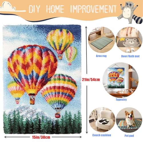 Image of EMISTEM Latch Hook Kits for Adults - DIY Latch Hook Rug Kits, Crochet Kit for Beginners, Rug Making Kits with Printed Canvas, Gift Packaging.(Colorful Hot Air Balloons, 20x15)