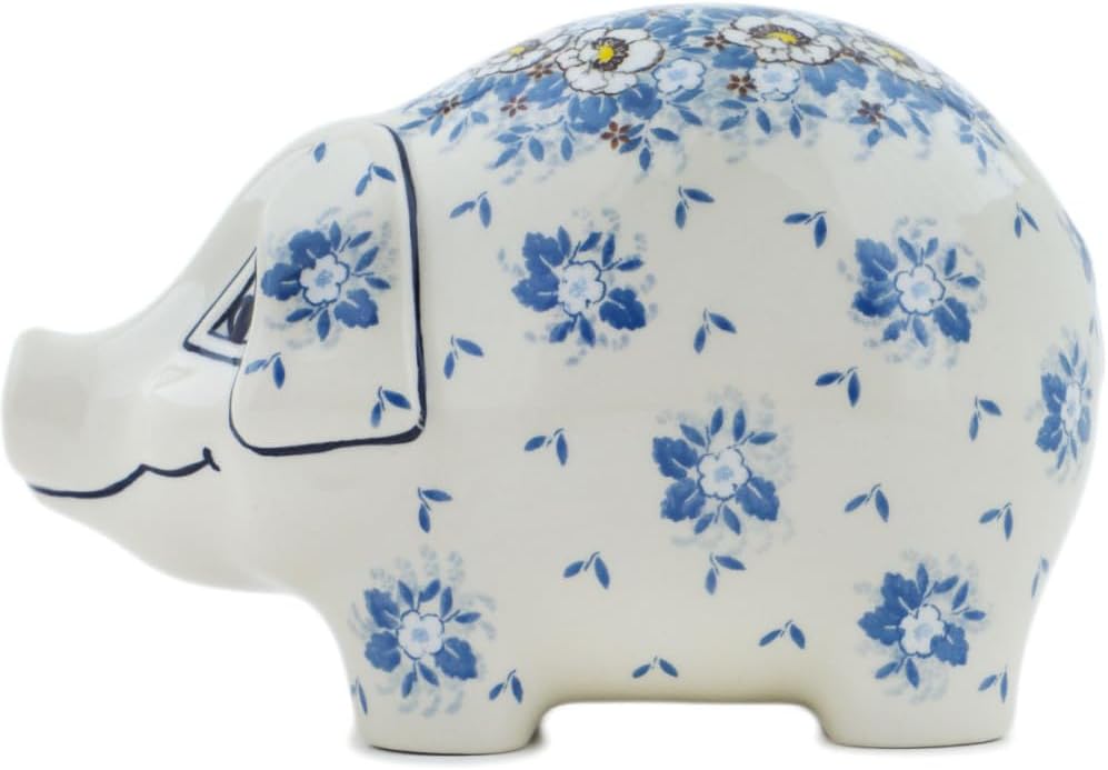 Polmedia Polish Pottery Piggy Bank UNIKAT - Pansy Parade Pattern Handmade in Boleslawiec Poland by Ceramika Artystyczna + Certificate of Authenticity