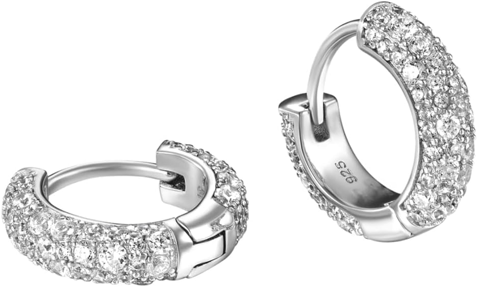 White Gold Plated Sterling Silver Post 12mm Hoop Earrings Flower Set Stunning Sparkle Cubic Zirconia CZ Small 3D Hypoallergenic Silver Hoop Earrings