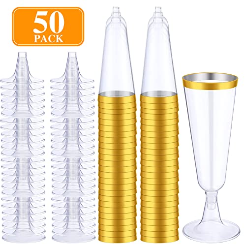 Thenshop 50 Pcs Plastic Champagne Flutes Disposable Champagne Glasses Bulk 5.5 oz Clear Mimosa Cocktail Cups with Rim Detachable Glasses for Wedding Party Birthday Anniversary(Gold, Clear)