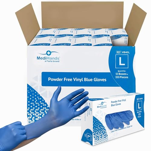 MediHands Vinyl Blue Large Vinyl Examination Gloves - Case of 1000 Disposable, Powder-Free, Latex-Free, Protein-Free Medical Gloves - Multi-Purpose, Single-Use