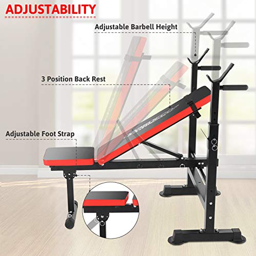 Folding Adjustable Weight Bench with Barbell Rack, Multi-Function Strength Training Adjustable Benches for Fitness Exercise and Strength Workout (Deep Red)