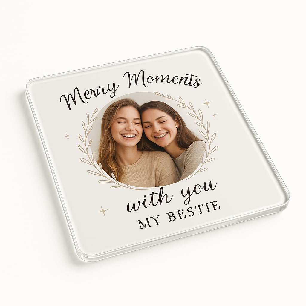 Personalised Acrylic Coaster Gift with Elegant Wreaths & Stars Design - Personalised Christmas Keepsake for Friends - Celebrate Moments