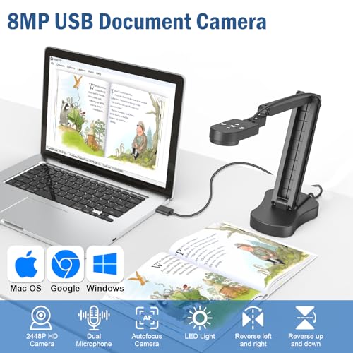 image for Gawervan 8MP USB Document Camera, Auto Focus, LED Light, Image Reversa