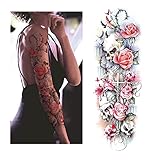 Oehok Temporary Tattoos, Extra Large Full Arm Fake Tattoos, Cool Waterproof Tattoo Stickers, Body/Leg/Arm Makeup Lasting Tattoos Sleeve for Adult/Man/Women/Girl, Fashion Black Skull Flowers Butterfly 3D Realistic Temp Tattoo