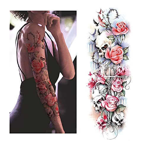Oehok Temporary Tattoos, Extra Large Full Arm Fake Tattoos, Cool Waterproof Tattoo Stickers, Body/Leg/Arm Makeup Lasting Tattoos Sleeve for Adult/Man/Women/Girl, Fashion Black Skull Flowers Butterfly 3D Realistic Temp Tattoo