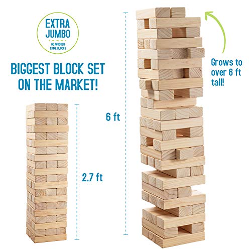 Giant Tumbling Timber Toy - 60 Extra Jumbo Wooden Blocks Floor Game for Kids and Adults, w/ Storage Crate/Game Table-No Assembly Required - Premium Pine Wood, Life Size- Grows to Over 6-feet - Thumbnail 2