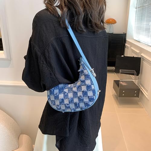 Women's Denim Handbag Shoulder Bags Retro Plaid Satchel Bag with Zip Small Bag Purse4