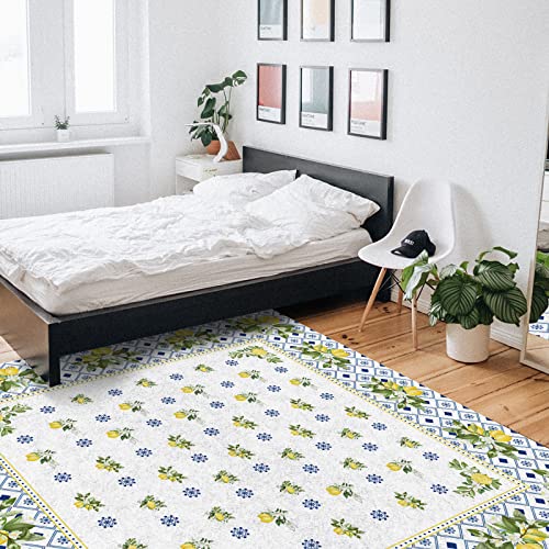 Lemon Boho Blue Mandala Tile Area Rug 5' X 7' - Summer Spring Yellow White Kitchen Rug Bath Mat Front Porch Floor Doormat Carpet Runner Rugs #TOP6