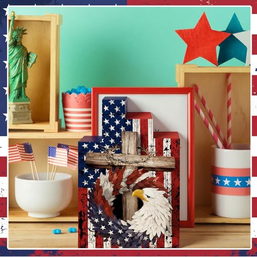 Image of Amyhill 4 Pcs 4th of July Decorations Set Wooden Patriotic Table Centerpieces Independence Day Wood Firework Fourth of July Table Signs for 250th Anniversary Home Farmhouse Decor (Pattern Style)