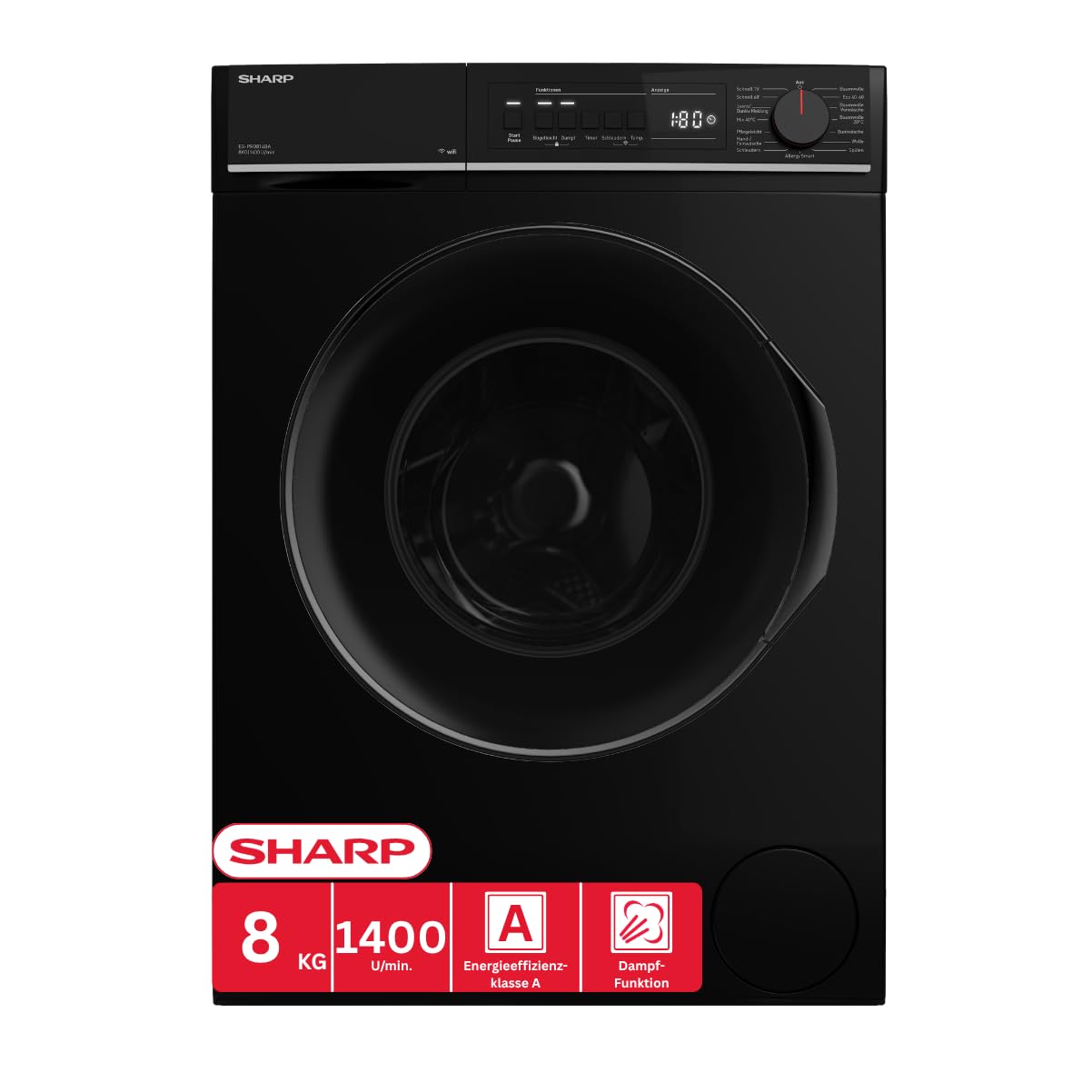 SHARP ES-PRO814BA-DE Waschmaschine 8 kg EEK A 1400 U/min WiFi Inverter Motor Dampf AquaStop Schwarz