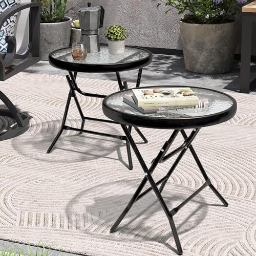 PATIOHIT Foldable Patio Side Table Set of 2 with Tempered Glass Top 18" Folding Outdoor Side Tables Set of 2 Small Glass Patio End Tables for Porch Yard Balcony Deck Lawn Dining Garden (Black)