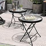 PATIOHIT Foldable Patio Side Table Set of 2 with Tempered Glass Top 18' Folding Outdoor Side Tables Set of 2 Small Glass Patio End Tables for Porch Yard Balcony Deck Lawn Dining Garden (Black)