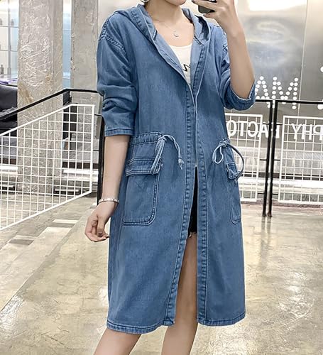 utcoco Womens Mid Long Hooded Jean Jacket Casual Loose Fit Drawstring Denim Jacket Hoodies Open Front Trench Coat2