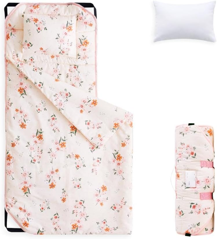 Wake In Cloud - Cot Nap Mat with Pillow and Blanket, 100% Cotton Fabric, for Toddler Kids Girls Ages 3 Plus in Daycare Kindergarten Preschool with Elastic Corner Straps, Floral Flowers