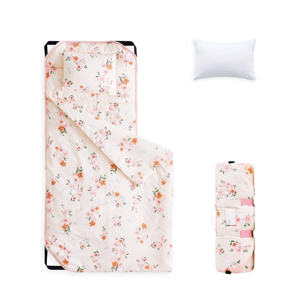Wake In Cloud - Cot Nap Mat with Pillow and Blanket, 100% Cotton Fabric, for Toddler Kids Girls Ages 3 Plus in Daycare Kindergarten Preschool with Elastic Corner Straps, Floral Flowers