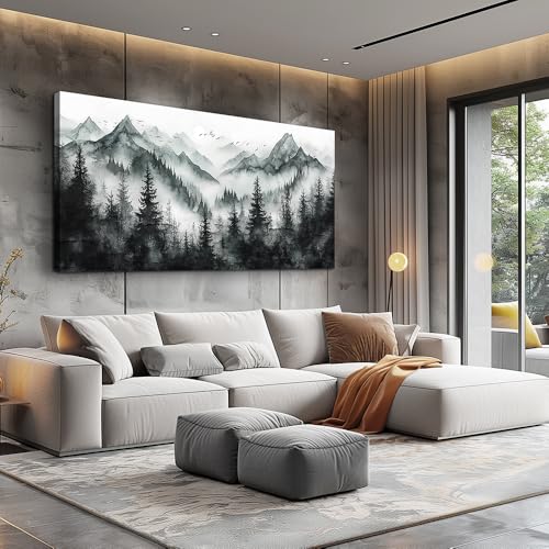 KELIYUAN Wall Decor Large Canvas Painting Wall Art For Bedroom Living Room Decor Black And White Foggy Forest Mountain Ink Landscape Paint Art Print Picture For office Dining Room Mural 30x60 In