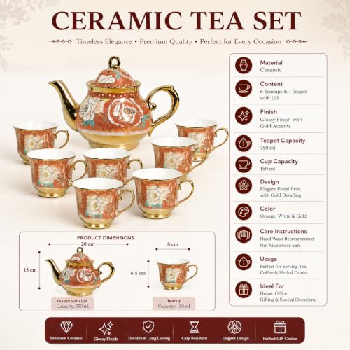Image of Luxury Floral Ceramic Tea Set with Cups, Saucers & Teapot with Stand | Elegant Bone China Tea Cup Set for Home, Office & Gifting (6 Cups, 1 Teapot, 6 Saucers, 1 Stand) (Pink)