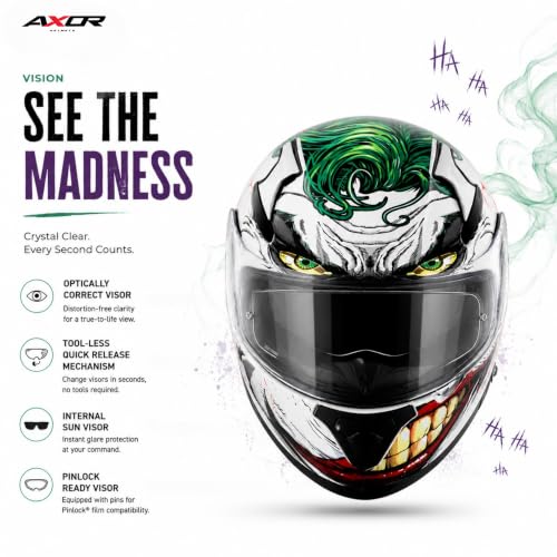Image of Axor Apex Dc Joker ISI ECE DOT Certified Full Face Dual Visor Helmet for Men and Women with Pinlock Fitted Outer Clear Visor and Inner Smoke Sun Visor (with Extra Irridium Blue Visor) White Green(L)