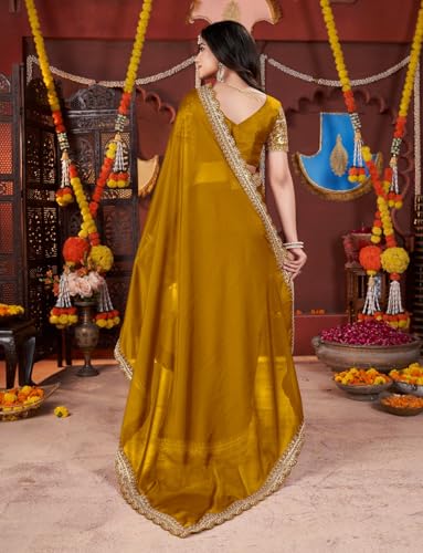Image of DHARMEE Women's Elegant Designer Sarees Premium Rangoli Fabric with Embellished Border, Lightweight and Stylish Ethnic Wear - Perfect for Parties, Weddings, and Festive Occasions..