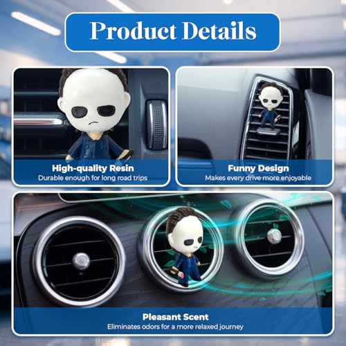 Image of GENANY 3D Resin Horror Car Air Freshener Vent Clip, Hand Painted White Mask Slasher Mini Figure Design, Gothic Automotive Freshener, Scary Car Accessories Gift for Horror Movie Fans