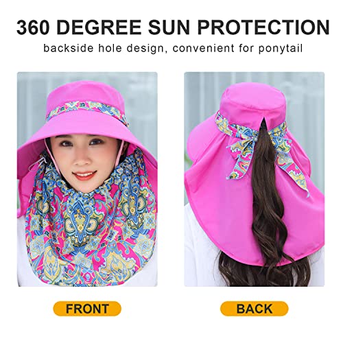 Image of Women Wide Brim Face Mask Sun Hat Detachable Neck Face Flap Ponytail UV Protection Visor Hat Garden Fishing Hiking