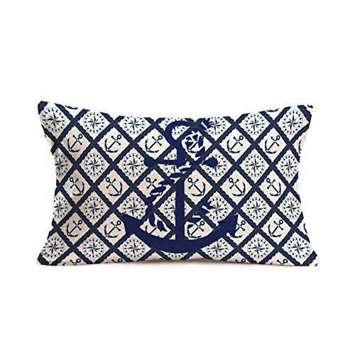 Xihomeli Sailing Nautical Anchor Decorative Pillow Case Navy Blue Throw Pillow Cushion Covers Cotton Linen Lumbar Pillowcase Compass Grid Couch Pillow Case 12x20 Inch (Anchor)