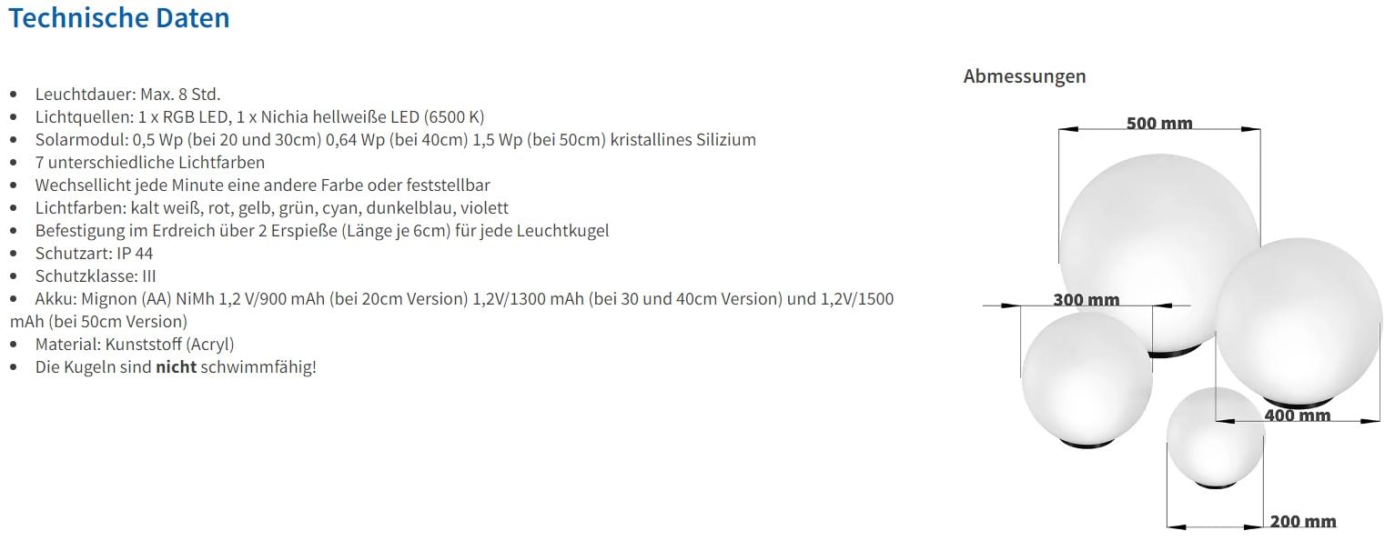 Esotec Solarkugel für den Garten, 4er Set, 7 Farben, multicolor, Bodenleuchten, Akku, LED Solarkugel, Solarleuchte, Kugelleuchte, 6500K, außen, winterfest, outdoor, 102615