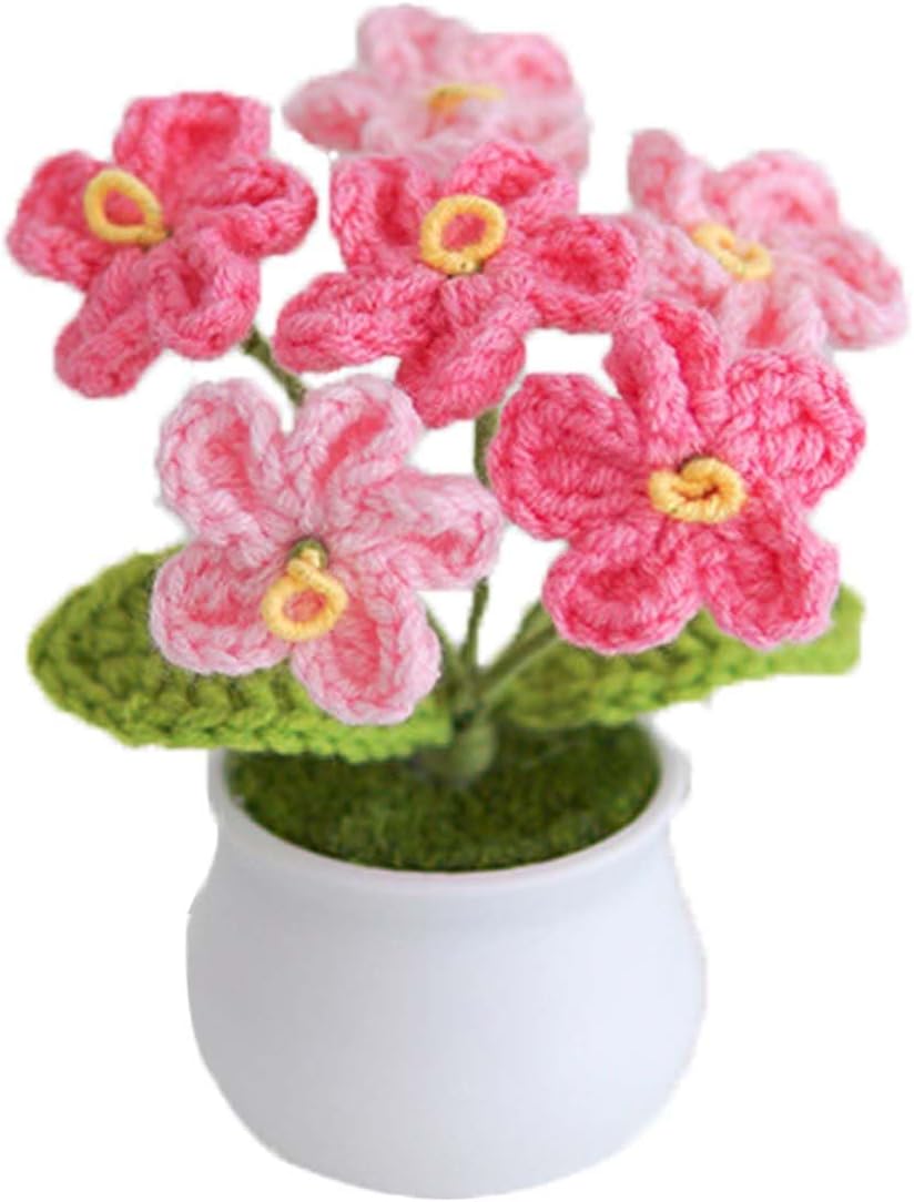 Knitting Crochet Flowers Potted Plants, Fake Forget Me Not Flowers for Friends, Family and Lover, Artificial Handmade Flowers for Birthday Wedding Gift and Home Decor (Gpink)