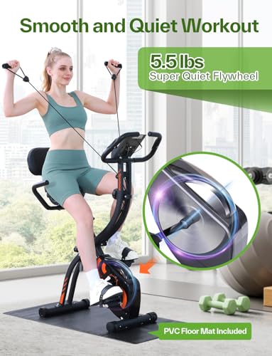 Image of Sportneer Foldable Exercise Bike with 16 Level Resistance Training | Arm Resistance Band PVC Floor Mat Fitness Bike for Home Gym Workout, Stationary Bike, Indoor Cycling Bike