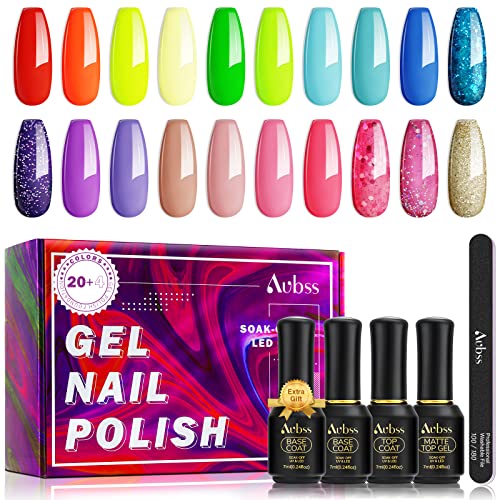 Aubss 20Pcs Colors Gel Nail Polish Kit with Glossy & Matte Top Coat and 2Pcs Base Coat, Rainbow Colors Skin Tones Yellow Red Gel Polish for All Reason, Gel Nail Kit for Women Girls Christmas Gift
