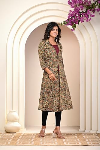 Image of KANNAHI Women Pure Cotton Printed Straight Calf Length Regular Jaipuri Kurta and Shrug Set with Floral Print for Womens & Girls Grey