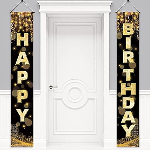 Happy Birthday Decorations Banner for Men Women Boys Girls, Black Gold Birthday Porch Sign Birthday Party Supplies Background for Birthday Party Favor Door Decorations, 72 x 12 Inch Cover