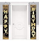 Happy Birthday Decorations Banner for Men Women Boys Girls, Black Gold Birthday Porch Sign Birthd...