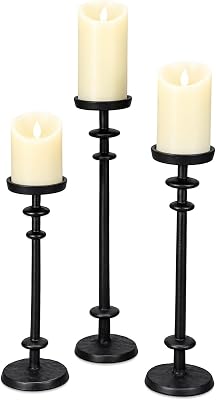 Mumufy 3 Pcs Pillar Candle Holder Set Black Cast Iron Candlestick, Medium