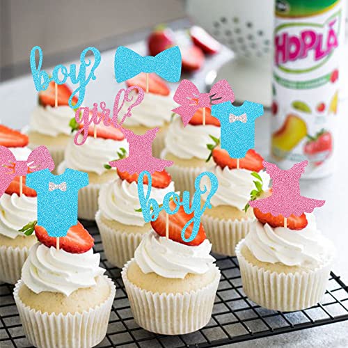 24 Pack Boy Or Girl Cupcake Toppers Pink And Blue Glitter Baby Shower Cupcake Picks Bow Tie Onesie Jumpsuit Cake Topper Decorations For Gender Reveal Theme Baby Shower Kids Birthday Party Supplies #TOP6