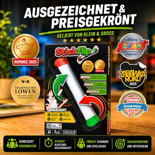 Stickflip Wie viele Flips Kannst du Werfen? | Die selbstzählende Flip Challenge | 10 Skill Spiele jeweils mit Highscore | Cooles Spielzeug für Kinder Teenager & Erwachsene | Solo und Multiplayer