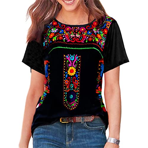 Melliflo Short Sleeve Mexican Tee Shirts for Women Floral Embroidered Loose Tops Ethnic Style Boho T-Shirts