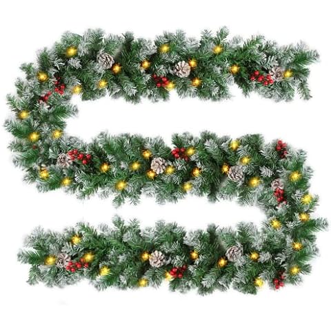 9FT Artificial Christmas Garland with 50LED Prelit Lights Timer 8 Modes Battery Operated Snowy Bristle Pinecone Berry Xmas Garland Christmas Decoration Mantle Fireplace Indoor Outdoor Home Cover