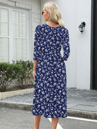Image of Heymoments Women's Casual 3 /4 Sleeve Midi Dress Crewneck A Line Tiered Flowy Loose Travel Long Dresses with Pockets