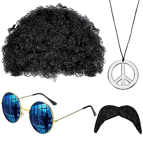 Itian 4 Piezas Conjunto de Disfraces de Hippie, Accesorios Hippie Hombre, Accesorios de Vestir Retro Hippie, Peluca Afro, Gafas de Sol, Collar de Signo de Paz, Bigote, para Fiestas Temáticas Hippie