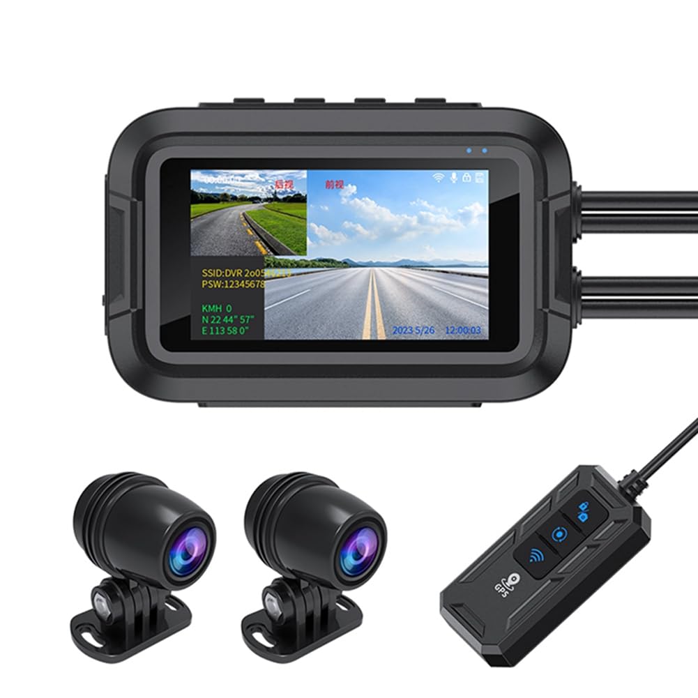 V9 Dashcam per Moto WiFi 1080P Fotocamera Anteriore Posteriore Videoregistratore per Moto Impermeabile con Monitor di Parcheggio Resistente B