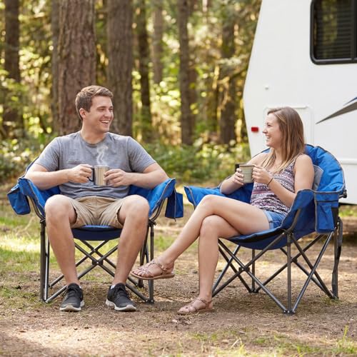 Image of Romswi 2-Pack Oversized XXL Padded Camping Chairs for Adults, 500lbs Heavy Duty Support, 500G Ultra-Thick Cushion Sofa-Like Comfort, Folding Lawn Chair with Cooler Bag & Side Pockets, Blue /Gray