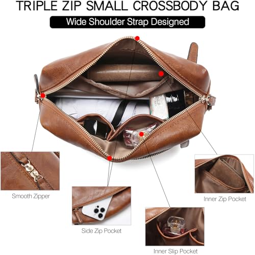 Image of FOXLOVER Small Crossbody Bags for Women Triple Zip Cell Phone Purses Vegan Leather Handbag with Colored Shoulder Strap(Brown)
