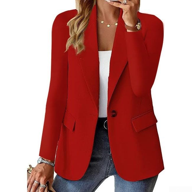 Blazer de manga larga con botones y bolsillo para mujer, hecho de poliéster con elasticidad moderada para uso de temporada (L Rojo)